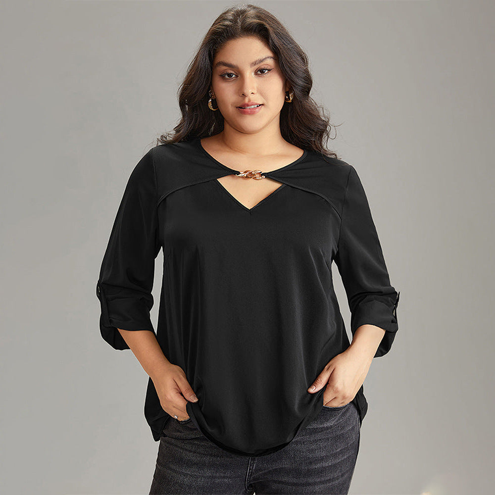 Beauty Peachy Plus Size Bottoming V Neck Flared Top - Black