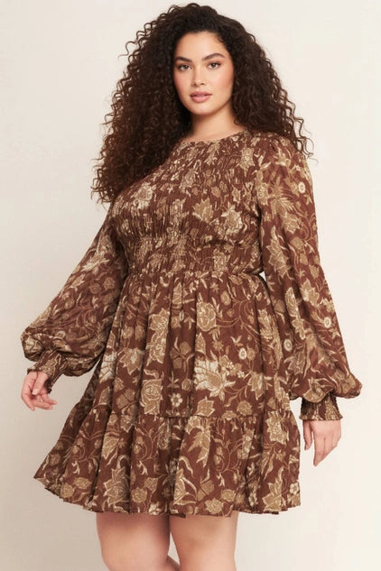 Flying Tomato Printed Smocked Bodice Woven Mini Dress - Brown