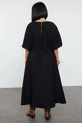 WOJCOR Textured Balloon Sleeve Midi Woven Plus Size Dress - Black