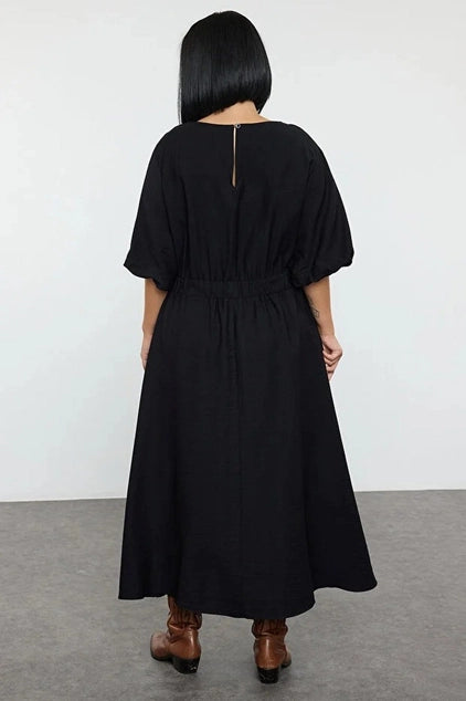 WOJCOR Textured Balloon Sleeve Midi Woven Plus Size Dress - Black
