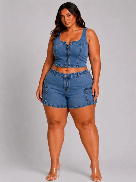 D.ROCK Plus Size Set Cargo Mini Short Pants Crop Tops - Denim