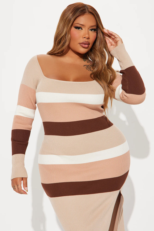 Fashion Nova Plus Size Willow Wind Striped Midi Dress - Taupe/Combo