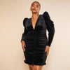 Beauty Peachy Plus Size Velvet Deep V Neck Ruched Mini Dress - Black