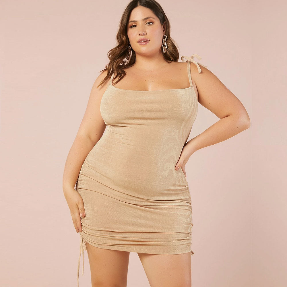 Beauty Peachy Plus Size Pull Strings Mini Dress - Apricot