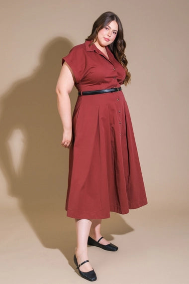 FLYING TOMATO Plus Size Solid Woven Midi Shirt Dress - Berry