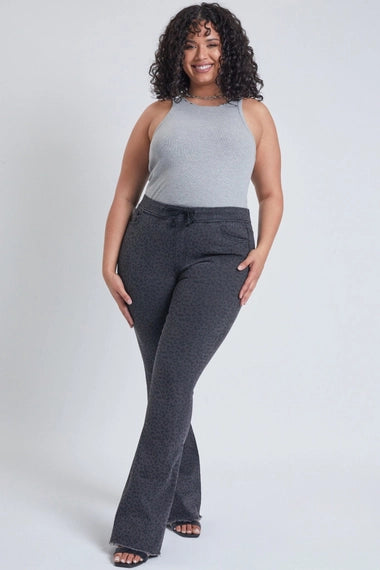 YMI Plus Size High Rise Flare Raw Hem Joggers - Dark Grey Leopard
