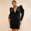 Beauty Peachy Plus Size Velvet Deep V Neck Ruched Mini Dress - Black