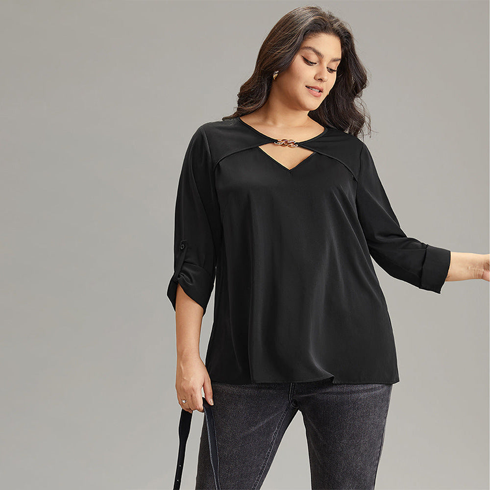 Beauty Peachy Plus Size Bottoming V Neck Flared Top - Black