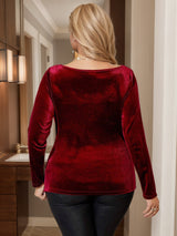 Beauty Peachy Plus Size Gold Velvet Pile Collar Elegant Long Sleeved Top - Burgundy
