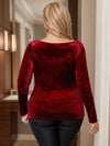 Beauty Peachy Plus Size Gold Velvet Pile Collar Elegant Long Sleeved Top - Burgundy