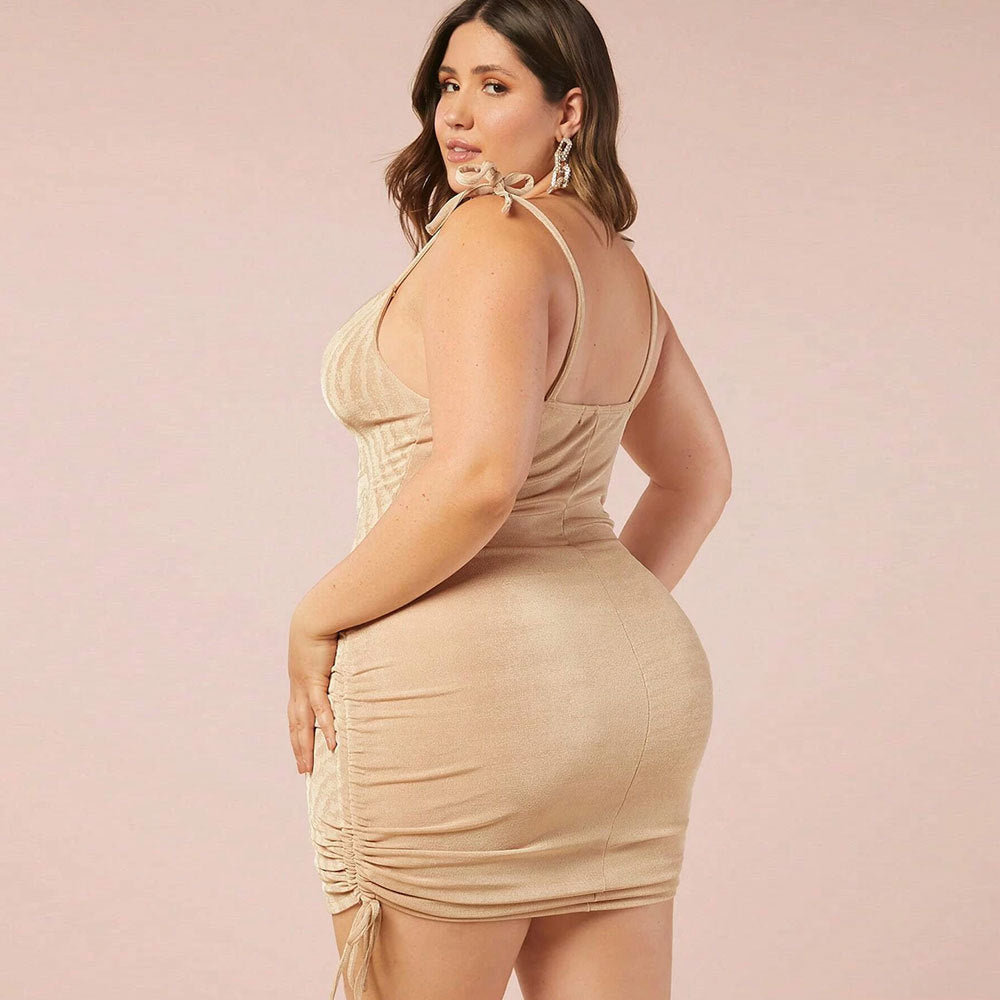 Beauty Peachy Plus Size Pull Strings Mini Dress - Apricot