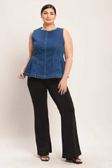 FLYING TOMATO Plus Size Peplum Washed Denim Top - Medium Indigo