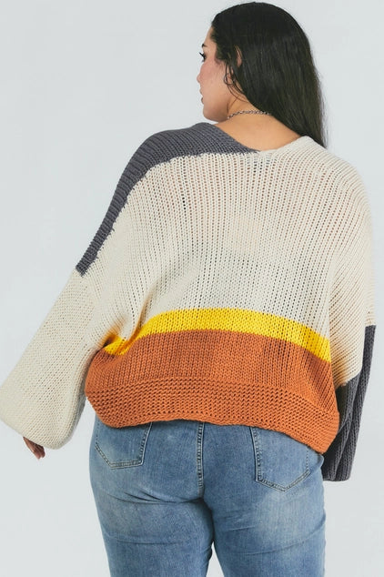 Davi & Dani Plus - Color Block Chunky Knit Balloon Sleeve Cardigan - Grey Combo