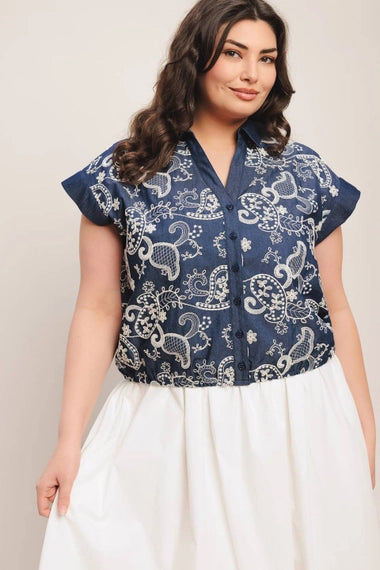 FLYING TOMATO Plus Size Embroidered Woven Top - Dark Indigo