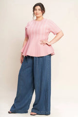 FLYING TOMATO Plus Size Peplum Jacquard Sweater Top - Pink White