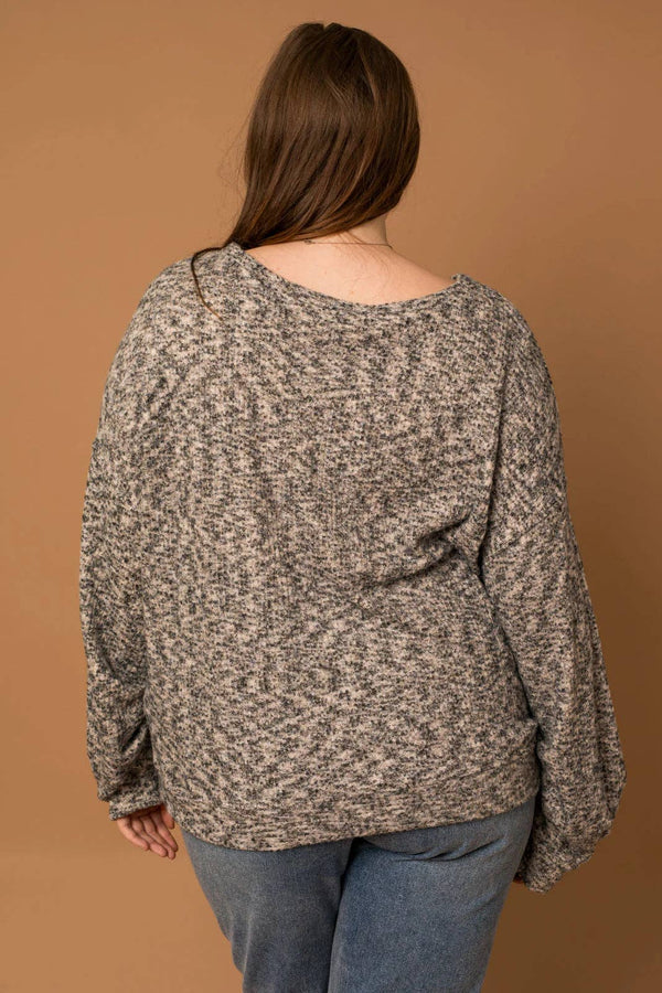 Gilli Plus Size Long Ruching Sleeve Marled Sweater - Black Grey