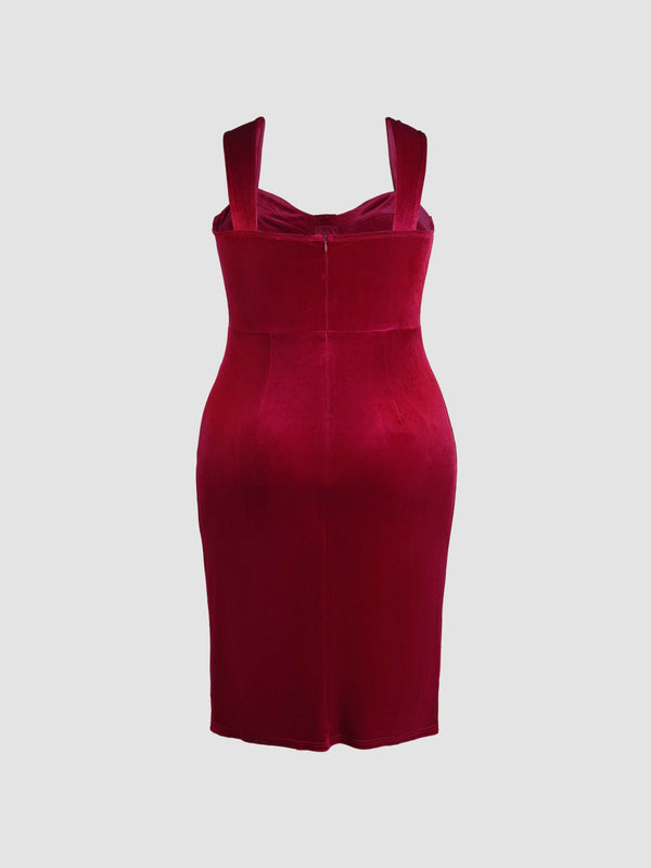 Beauty Peachy Plus Size Velvet Halter Split Midi Dress - Burgundy