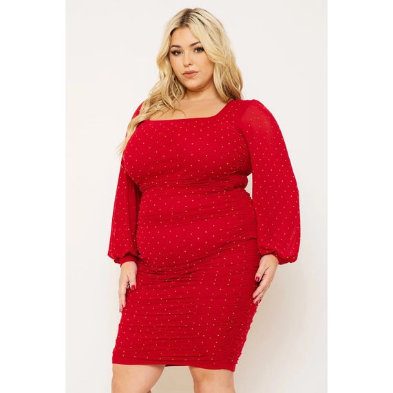 DORCAS Rhinestone Square Neck Plus Size Midi Dress