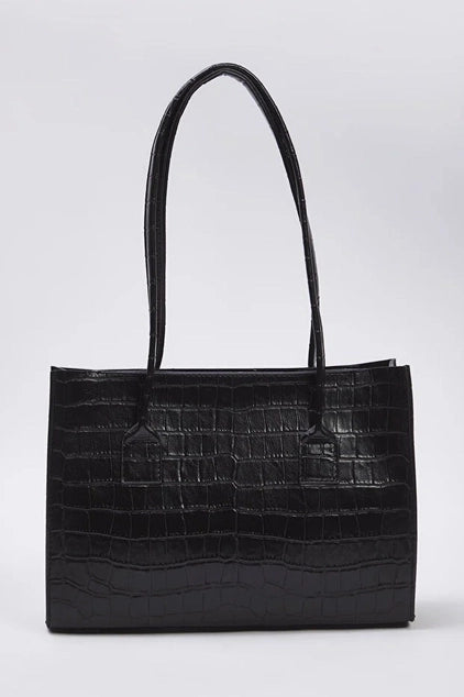 WOJCOR Textured Midi Tote Shoulder Bag - Black