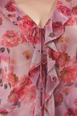Floral Patterned Tie-Up Tulle Knit Plus Size Blouse - Multi
