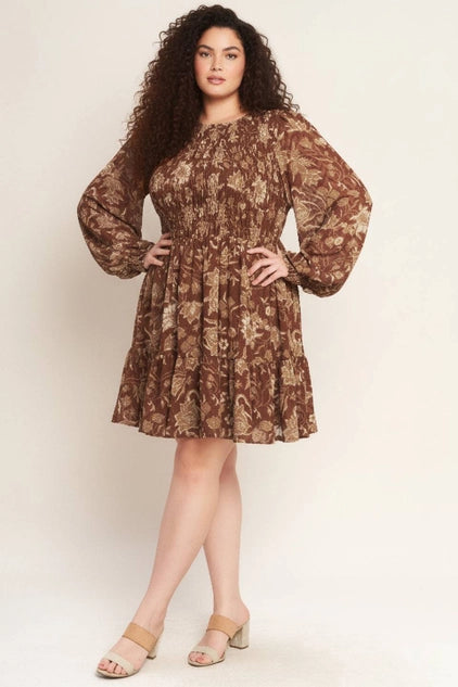 Flying Tomato Printed Smocked Bodice Woven Mini Dress - Brown