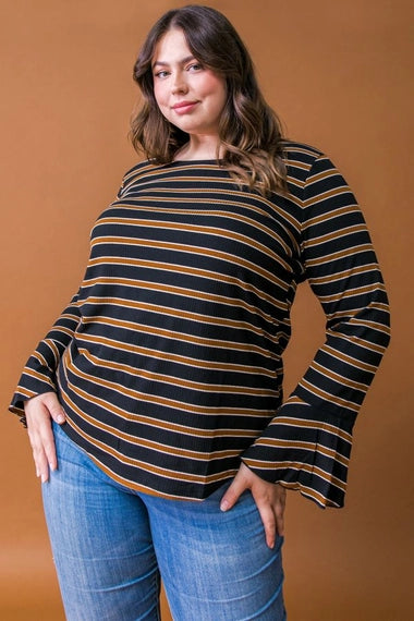 FLYING TOMATO Plus Size Stripe Ruffle Sleeve Top - Black