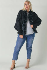 Davi & Dani Plus - Marled Knit Cardigan with Faux Fur Trim Collar - Black