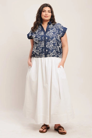 FLYING TOMATO Plus Size Embroidered Woven Top - Dark Indigo