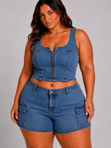 D.ROCK Plus Size Set Cargo Mini Short Pants Crop Tops - Denim