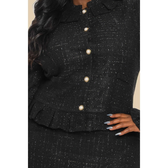 The Sang Plus Size Glittered Tweed Ruffle Jacket W/Mni Skirt Set