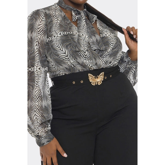 DORCAS Plus Front Necktie Long Sleeve Gold Belt Jumpsuit