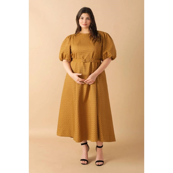 DORCAS Plus Size Textured Midi Dress - Camel