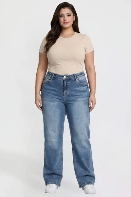 YMI Junior Plus Bella High Rise Wide Leg Jeans - Medium Wash