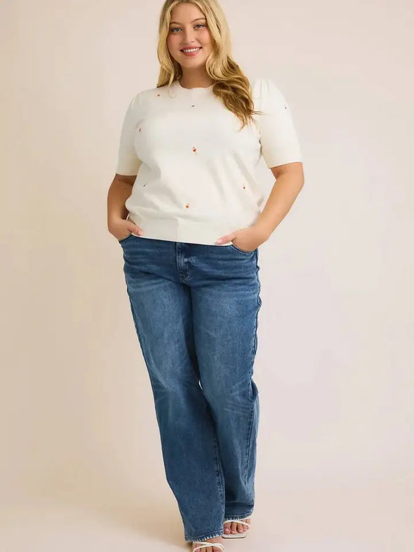 Gilli Plus Size Orange Floral Embroidered Short Sleeve Knit Top - Cream