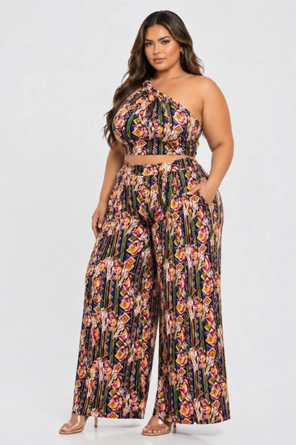 D.ROCK Plus Size Set Long Wide Legs Pants and Sleeveless Tops A Bow