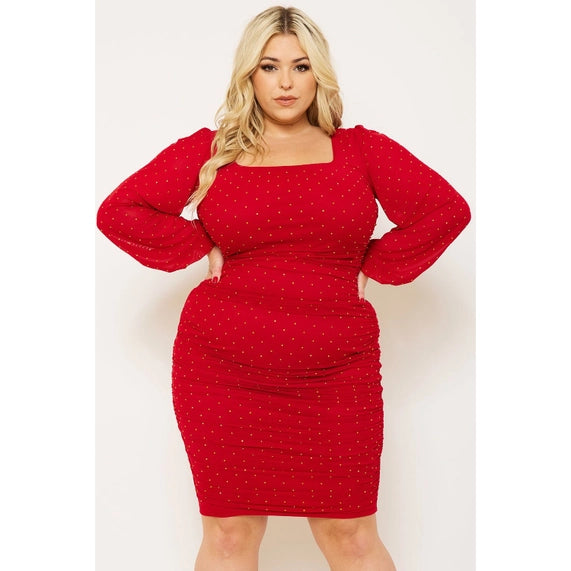 DORCAS Rhinestone Square Neck Plus Size Midi Dress