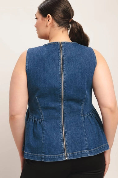 FLYING TOMATO Plus Size Peplum Washed Denim Top - Medium Indigo