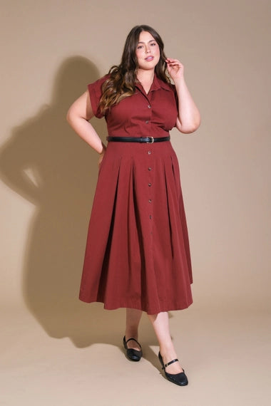 FLYING TOMATO Plus Size Solid Woven Midi Shirt Dress - Berry