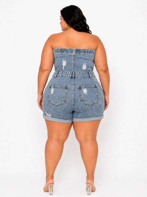 D.ROCK Plus Size Tube Top Stretch Cargo Short Rompers - Denim