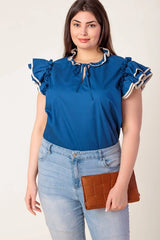 FLYING TOMATO Plus Size Front Tie Solid Woven Top - Navy Ivory