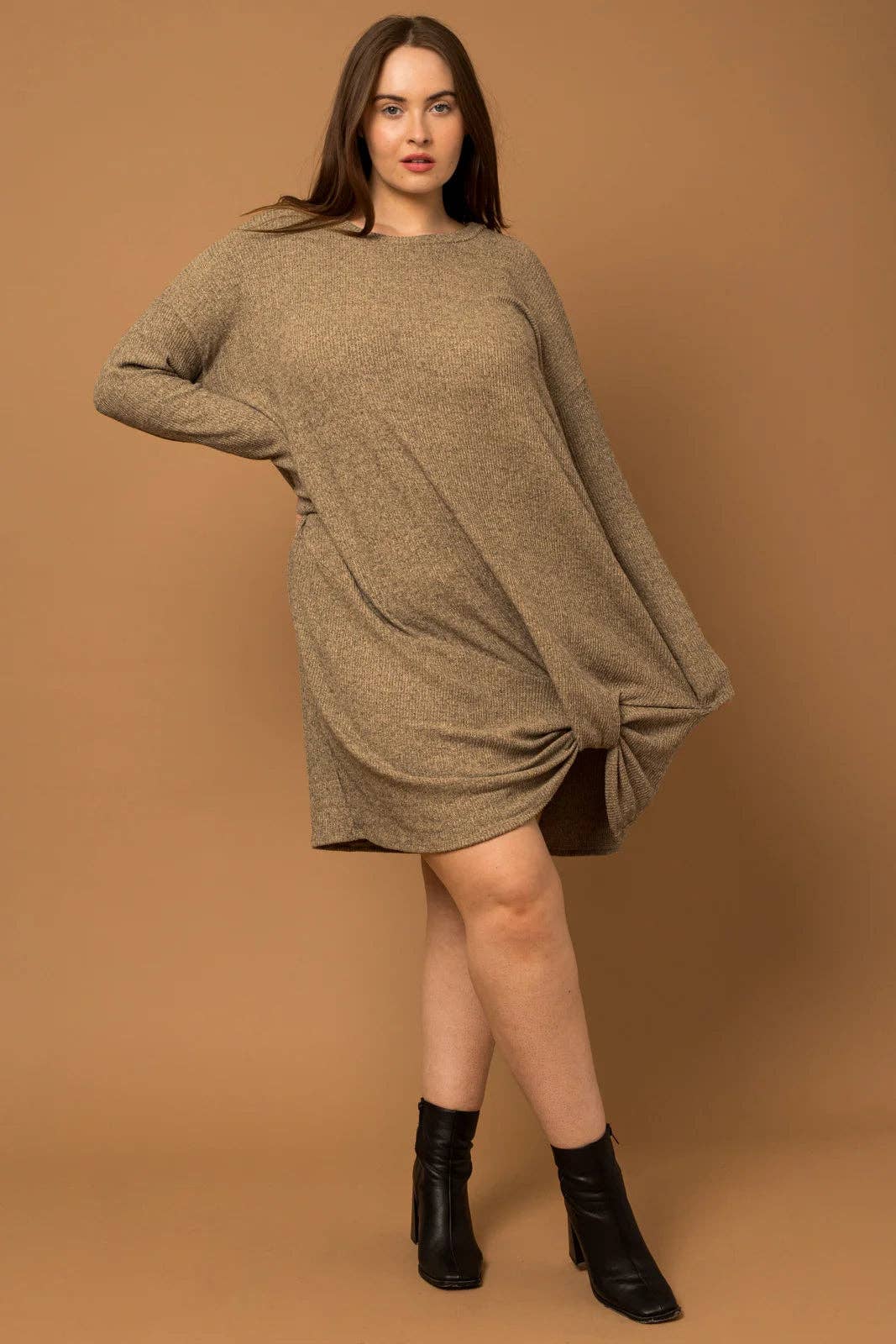 Gilli Plus Size Twisted Ribbed Long Sleeve Dress - Taupe