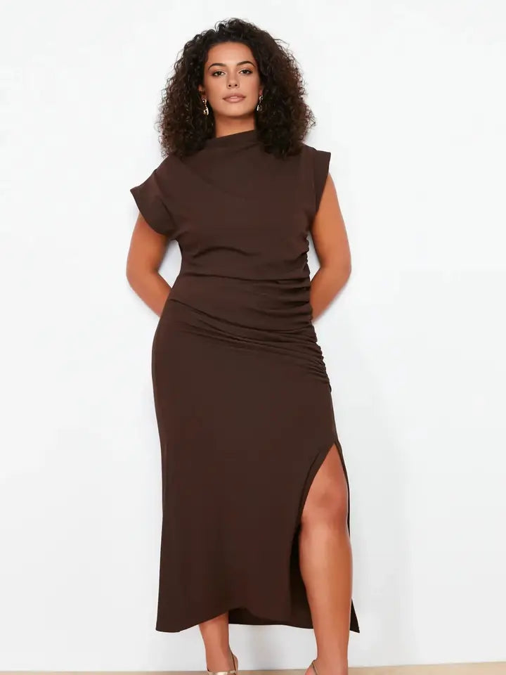 WOJCOR Plus Size Midi Knit Dress with Gathering Detail - Brown