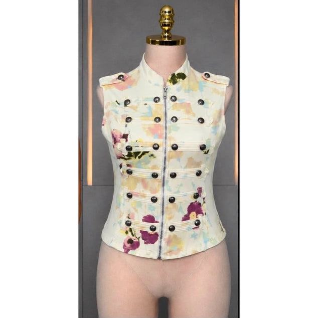 Black Pearl Clothing Plus Painted Command Denim Vest - Beige