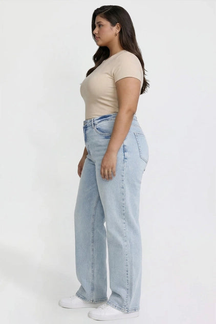 YMI Junior Plus Bella High Rise Wide Leg Jeans - Light Wash