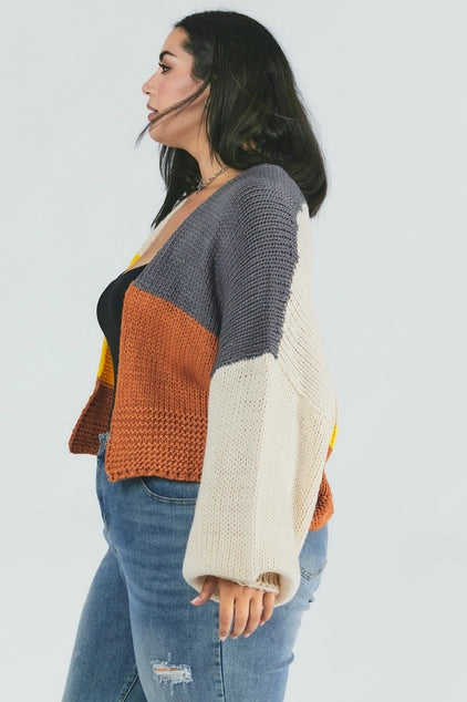 Davi & Dani Plus - Color Block Chunky Knit Balloon Sleeve Cardigan - Grey Combo
