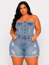 D.ROCK Plus Size Tube Top Stretch Cargo Short Rompers - Denim