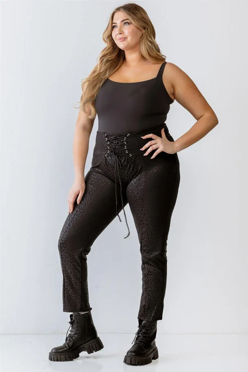 Janette Plus Size Leopard Print Lace-Up Detail Fitted Pants - Black