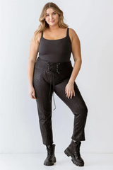 Janette Plus Size Leopard Print Lace-Up Detail Fitted Pants - Black