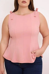 WOJCOR Plus Size Sleeveless Peplum Blouse with Waist and Shoulder Bow Detail