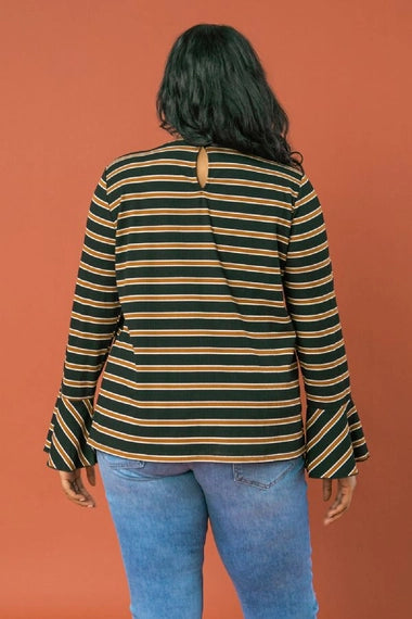 FLYING TOMATO Plus Size Stripe Ruffle Sleeve Top - Black